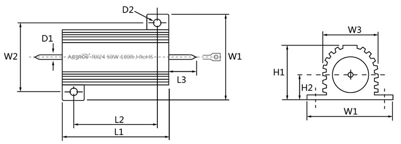 RX24黄金铝壳电阻器产品尺寸图 RX24黄金铝壳电阻器产品尺寸图